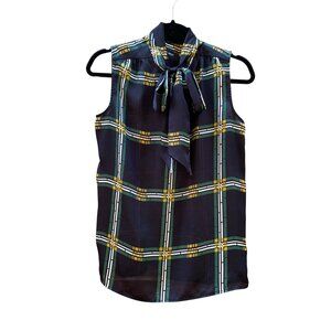 Nine West Navy, Green, Yellow Plaid Bow Tie Sleeveless Blouse Womens Size Small